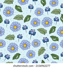 patrón transparente con ilustración de flores y hojas sobre fondo azul. vector dibujado a mano. 