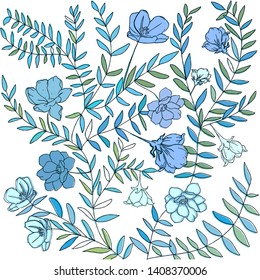 Blue floral flower doodle branch,illustration vector by freehand doodle comic art,for textile prints or card background 