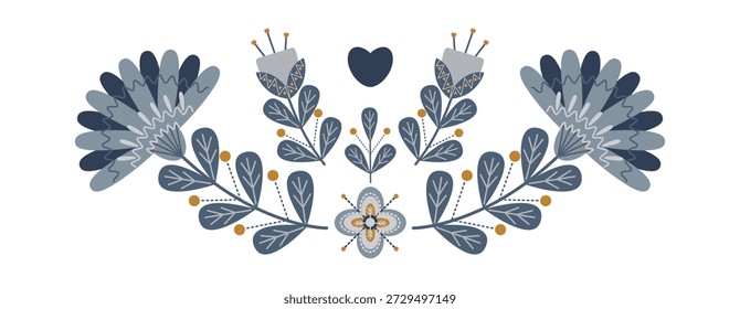 Ilustração vetorial de ornamentos de folclore floral azul mostrando desenhos simétricos com padrões intrincados e acentos cardíacos. Perfeito para projetos decorativos e layouts artísticos.