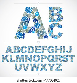 Blue floral font, hand-drawn vector capital alphabet letters decorated with botanical pattern. Ornamental typescript, vintage design lettering.