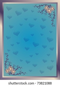 Blue floral frame with hearts on the background