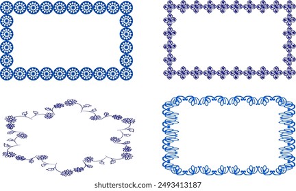 Blue floral frame set for your design, flower frame ring, garland black and white line hand drawn in block line, image frame set
