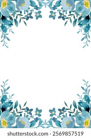 Blue floral frame, watercolor flower border blooming for design.