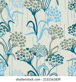 Blue Floral Garden in Rainy Day Vector Graphic Art Seamless Pattern can be use for background and apparel design