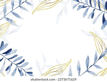 Blue floral with golden leaves in watercolor style