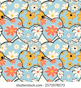 Blue  floral Heart, daisy drawing  seamless pattern. Wallpaper for banner, wrapping paper, greeting card, poster backgrounds	