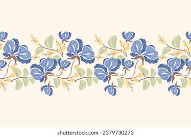 Patrón bordado étnico floral sin costuras. Motivos de flores y plantilla de impresión paisley. Flores de acuarela azul dibujadas a mano. Ilustración vectorial. 