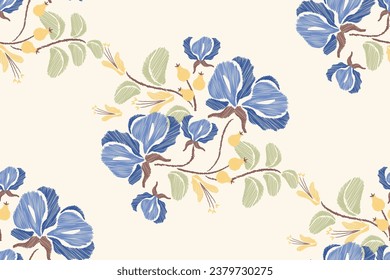 Blue Floral ikat pattern border seamless.Pastel blue flowers Ikat design paisley embroidery with floral motifs. Ethnic pattern oriental traditional. Ikat pattern seamless vector illustration. 