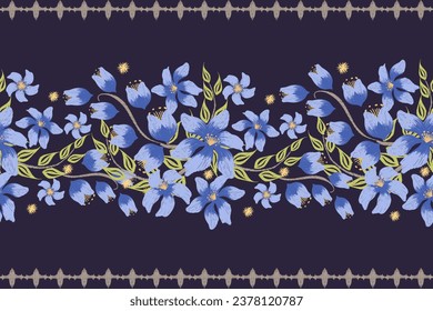 Blumenmuster nahtlos.Pastellblaue Blumen Ikat Design Paisley Stickerei mit Blumenmotiven. Ethnische Muster orientalische Tradition. Orchideenmuster, nahtlose Vektorgrafik.Dunkler Hintergrund