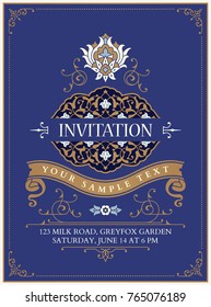 Blue Floral Invitation Template. Elegance Background. Vintage Card.