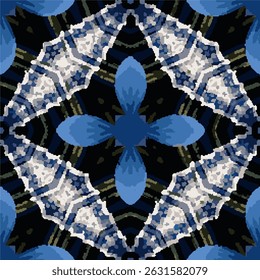 Blue Floral Kaleidoscope Vector Pattern