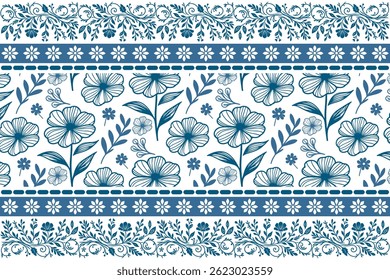 blue floral kitchen print. outline botanical flowers. seamless embroidery sketch. elegant one line petals. textile fashion design. minimal home repeat
