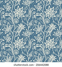 Blue Floral Lace Seamless Pattern. Elegant vintage Textile Background.