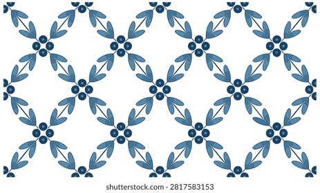 Blue floral lattice pattern with small flowers and leaves on a clean white background texture