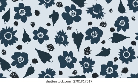 Floral azul, folha e joaninha vetor de design de padrão sem emenda. Flores papel de parede, têxtil, fundo suave natureza, arte de parede