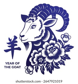 Blue Floral Line Art of Goat for Chinese Year of the Goat 2027 Vector sign. Translation : Goat