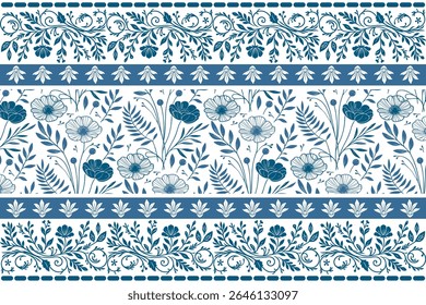 borda de linha floral azul com esboços botânicos contínuos e flores elegantes de uma linha para desenhos de capa de lençol

