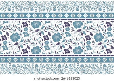 borda de linha floral azul com flores de esboço de linha única e elementos de folha limpa para aplicações têxteis domésticos

