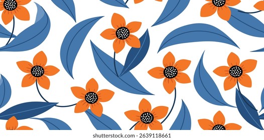 Blue floral Matisse seamless pattern, curve leaves and red flowers. Freehand abstract floral tropical repeat print, doodle botanical wallpaper. Organic background