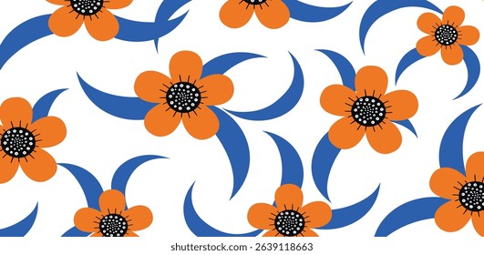 Blue floral Matisse seamless pattern, curve leaves and red flowers. Freehand abstract floral tropical repeat print, doodle botanical wallpaper. Organic background