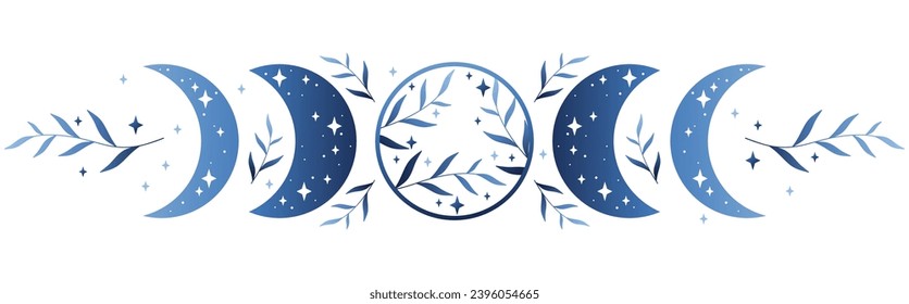 Blue floral moon phase vector illustration. Crescent and floral moon vintage logo design. 