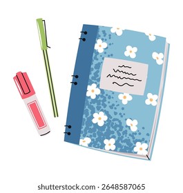 Blue Floral Notebook with Pen and Marker in Flat Style on White Background.  School and Office Supplies. Perfect for Stationery Design, Educational Social Media Content,   and Printable Stickers