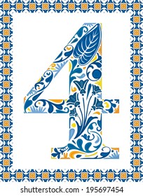 Blue floral number 4 in frame made of Portuguese tiles