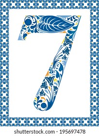 Blue floral number 7 in frame made of Portuguese tiles