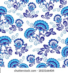 Blue floral ornament. Based on Russian folk decorative painting. Textile composition, template for design print, fabric, wallpaper and box.