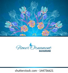 Blue floral ornament mandala background card with doodles iris and horizontal place for your text