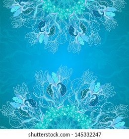 Blue floral ornament mandala background card with doodles iris