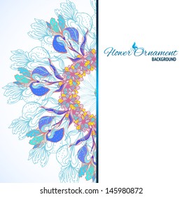 Blue floral ornament mandala background card with doodles iris