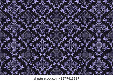 Blue floral ornament on dark background. Trendy wallpaper, great design for any purposes. Seamless wallpaper pattern. Cute vector illustration