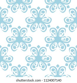 Blue floral ornament on white background. Seamless pattern for textile and wallpapers