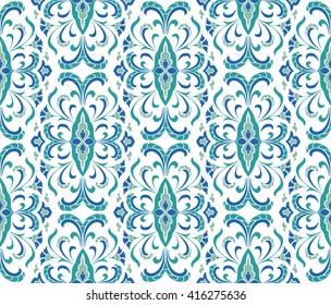 Blue floral ornament on a white background. Templates for carpets, shawl, wallpaper, textiles and any surface. Seamless vector pattern. 