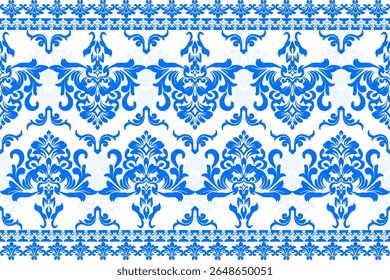 Blue Floral Ornament Pattern on White Background, seamless floral patterns design for decorative, wall, wallpaper, wrapping paper, fabric, silk, scarf, pillow, book, wall, backdrop and etc.