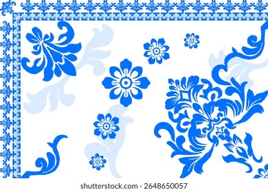 Padrão de ornamento floral azul no fundo branco, design de padrões florais sem costura para decorativo, parede, papel de parede, papel de embalagem, tecido, seda, cachecol, travesseiro, livro, parede, pano de fundo e etc.