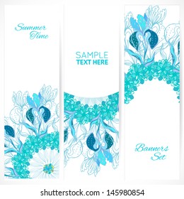 Blue floral ornament vertical banners set with doodles iris and vertical place for your text