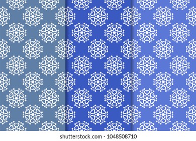 Blue floral ornaments. Set of vertical seamless patterns. Wallpaper backgrounds