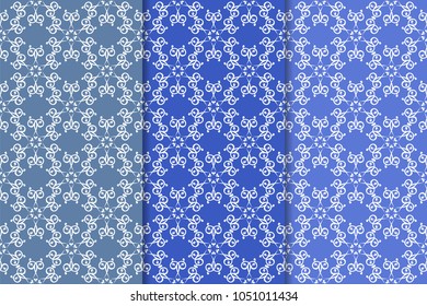 Blue floral ornaments. Set of vertical seamless patterns. Wallpaper backgrounds
