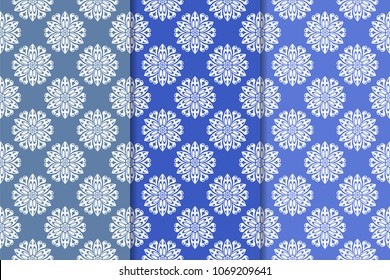 Blue floral ornaments. Set of vertical seamless patterns for wallpapers and fabrics