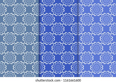 Blue floral ornaments. Set of vertical seamless patterns for wallpapers and fabrics