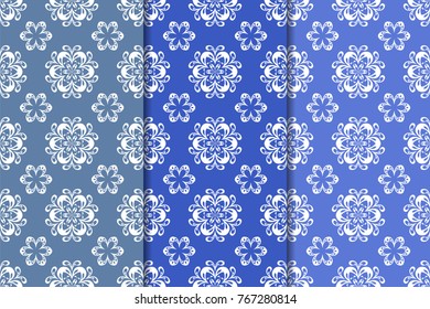 Blue floral ornaments. Set of vertical seamless patterns. Wallpaper backgrounds