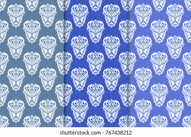 Blue floral ornaments. Set of vertical seamless patterns. Wallpaper backgrounds