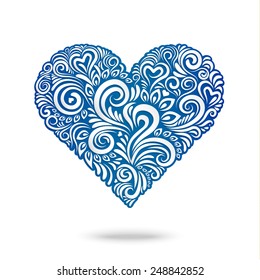 Blue floral ornate made of paper in the shape of heart. Valentines Day Card.