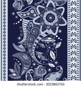 Blue floral ornate seamless pattern, vertical wallpaper. Ornamental design for textile, wallpaper, web, print, paper, decoupage. Tribal wallpaper with lines. Decorative background. Vector clipart. 