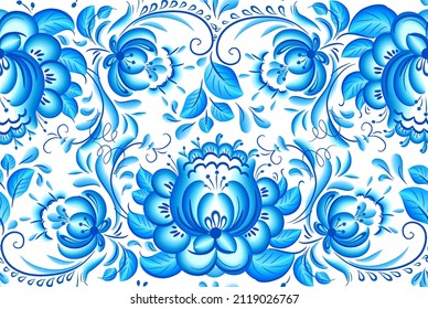 Blue floral painting style vector flowers seamless pattern tile