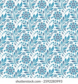 blue floral pattern with arabesque inspired elements for wallpaper and wrapping paper
