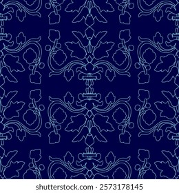 Blue floral pattern with a blue background. The flowers are very detailed and the pattern is very intricate