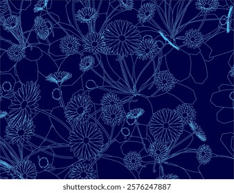 Blue floral pattern with a blue background. The flowers are in various sizes and are scattered throughout the image